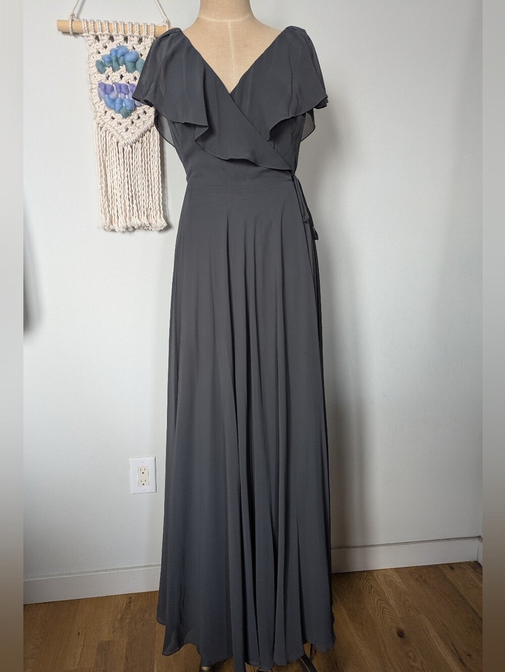 Bill Levkoff Elegant Charcoal Wrap Maxi Dress with Flutter Sleeves Size 12